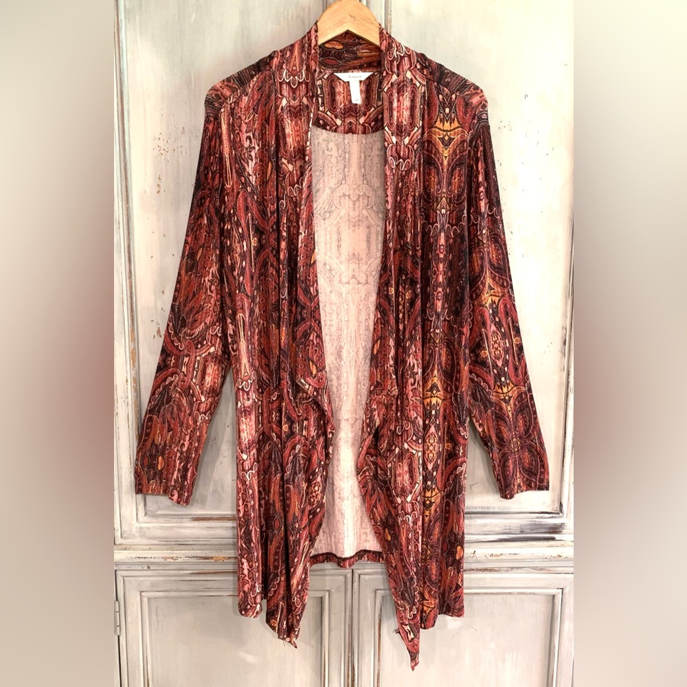 Soma Autumn Red Paisley Open Knit Lounge Topper Jacket Sz XL